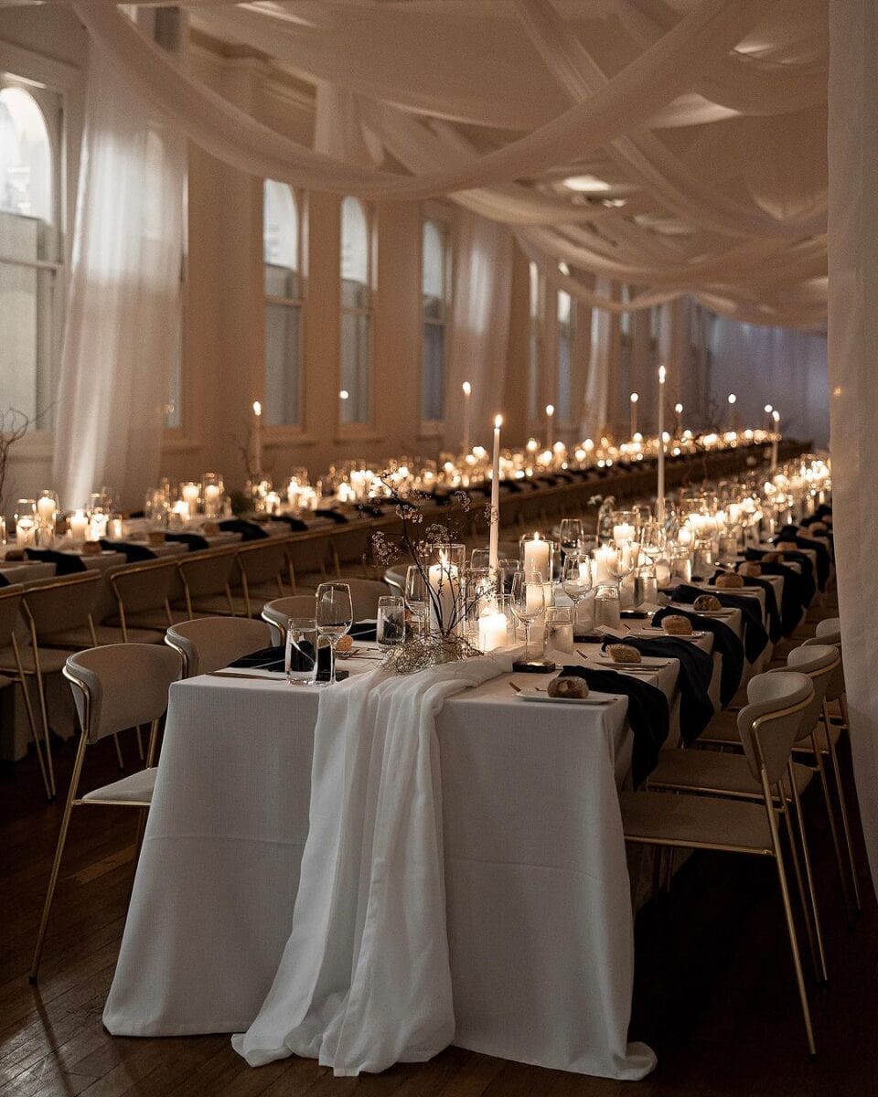 wedding tables lined with candles 