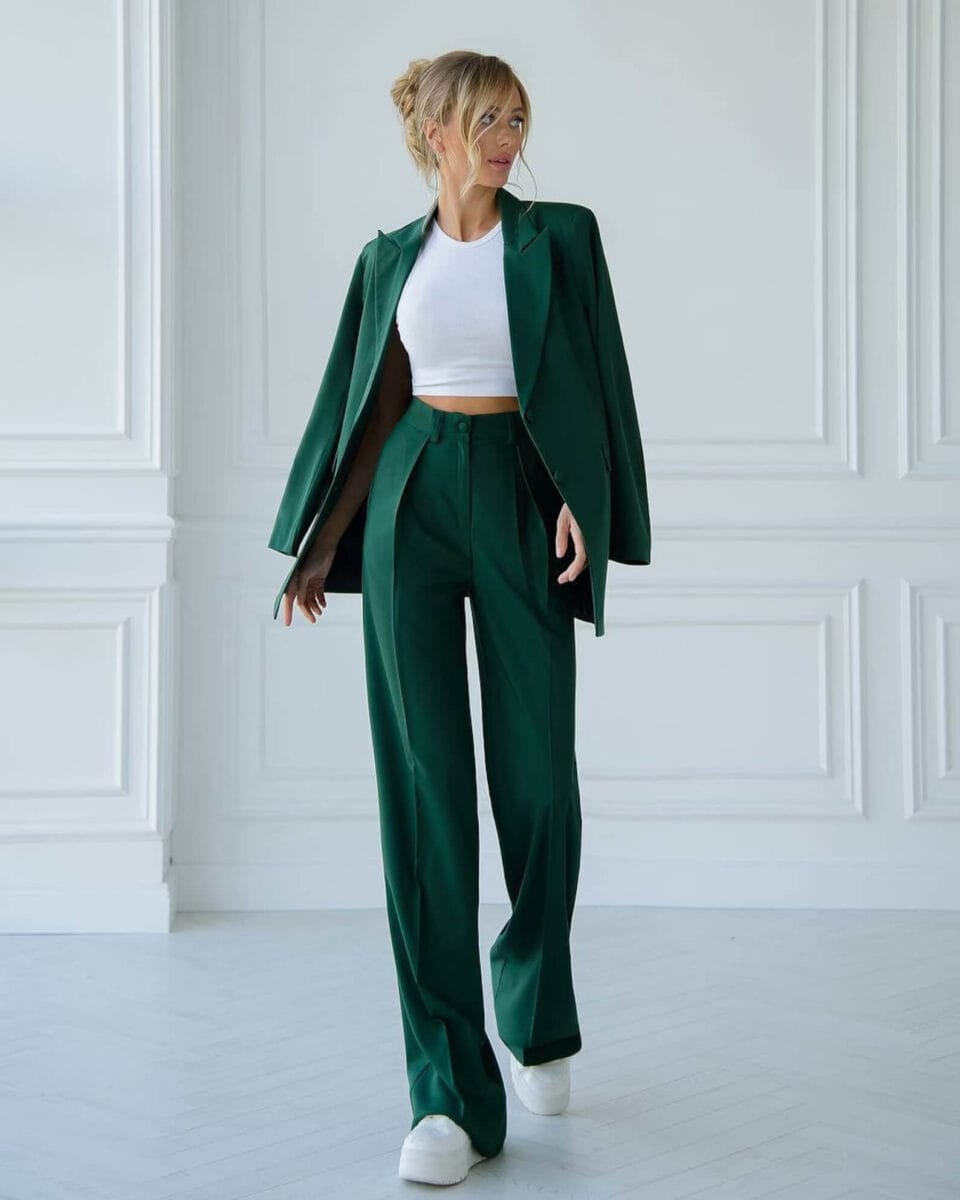emerald, forest green trouser suit