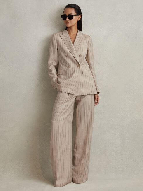 pinned stripped neutral mother of the bride trouser suit
