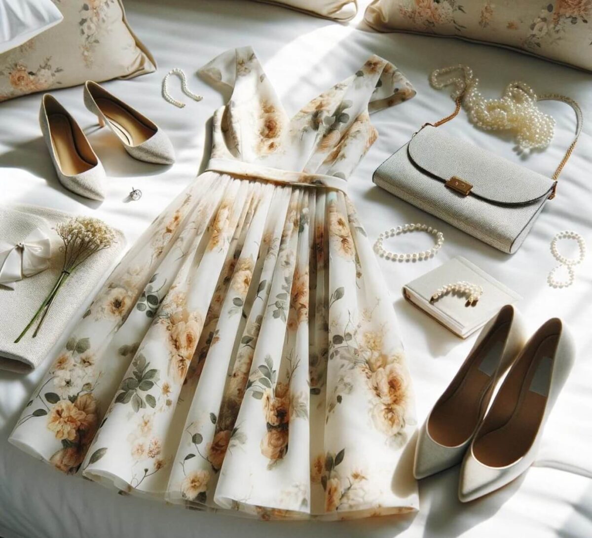 floral dress laid out on bed with neutral shoes, bag, jewellery