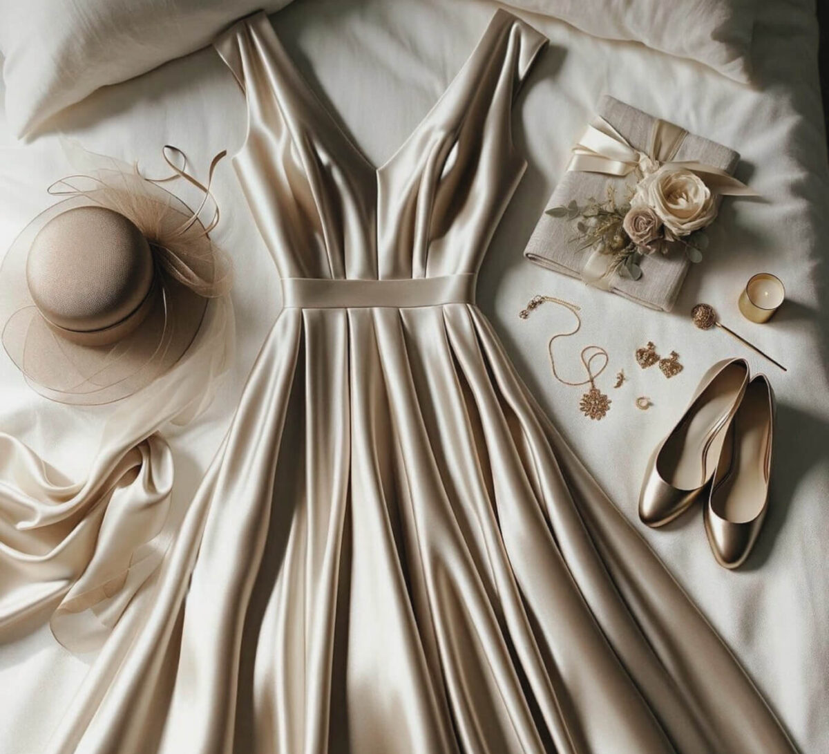 champagne satin mother dress laid out on wedding morning with hat, shoes and jewellery