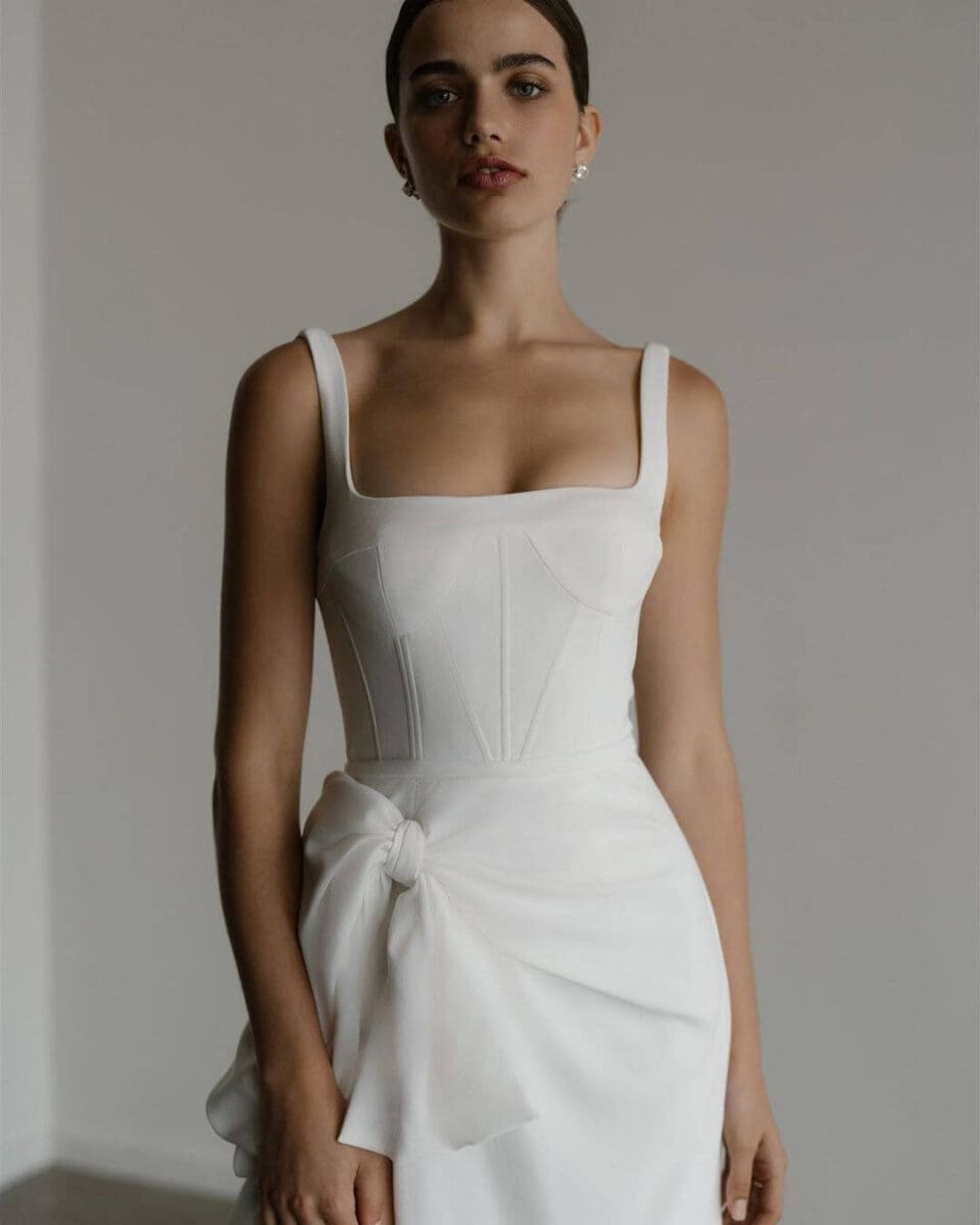minimal bow wedding dress, ruched side simple bow detail on dress