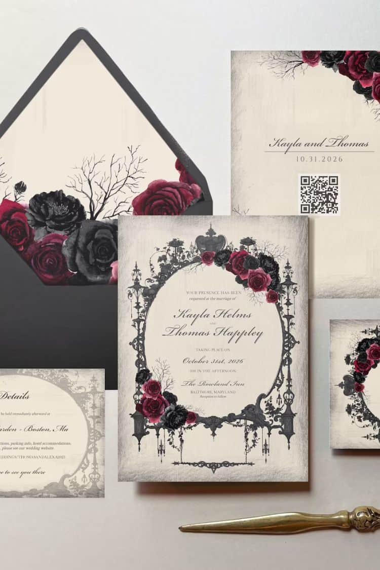 white and red moody floral wedding invite