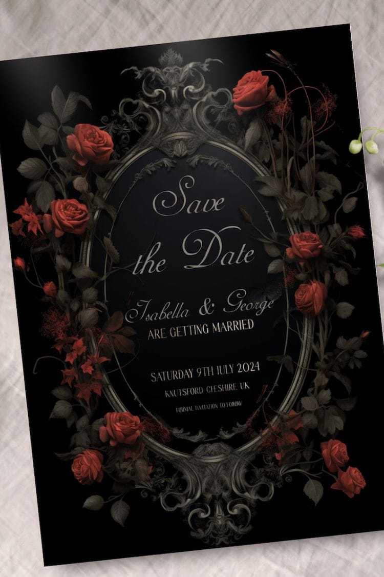 red rose and black wedding invite