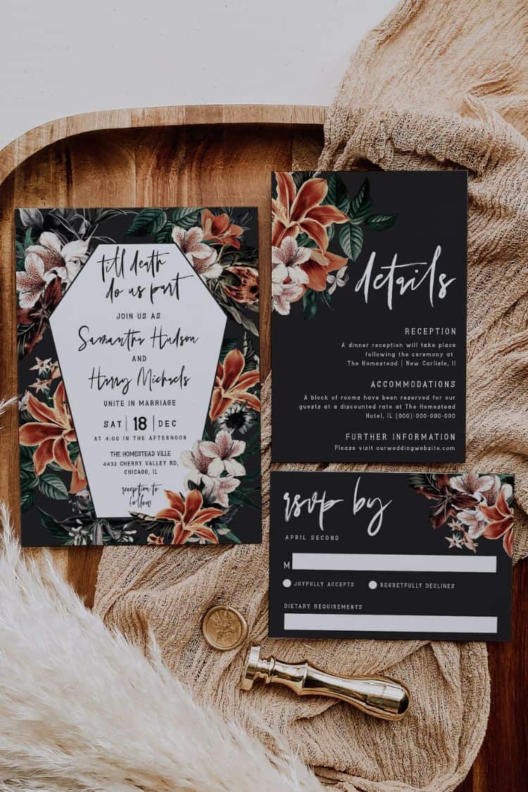 black a fall floral wedding invite 