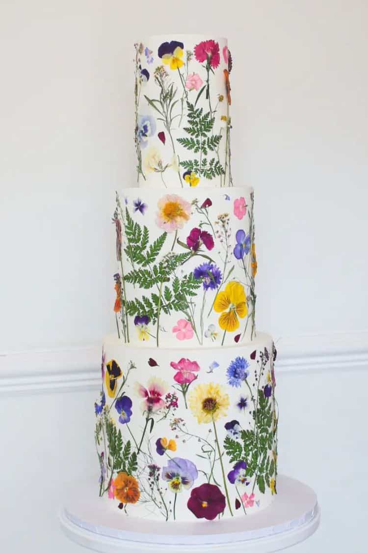 pressed flower 3 tier wedding cake