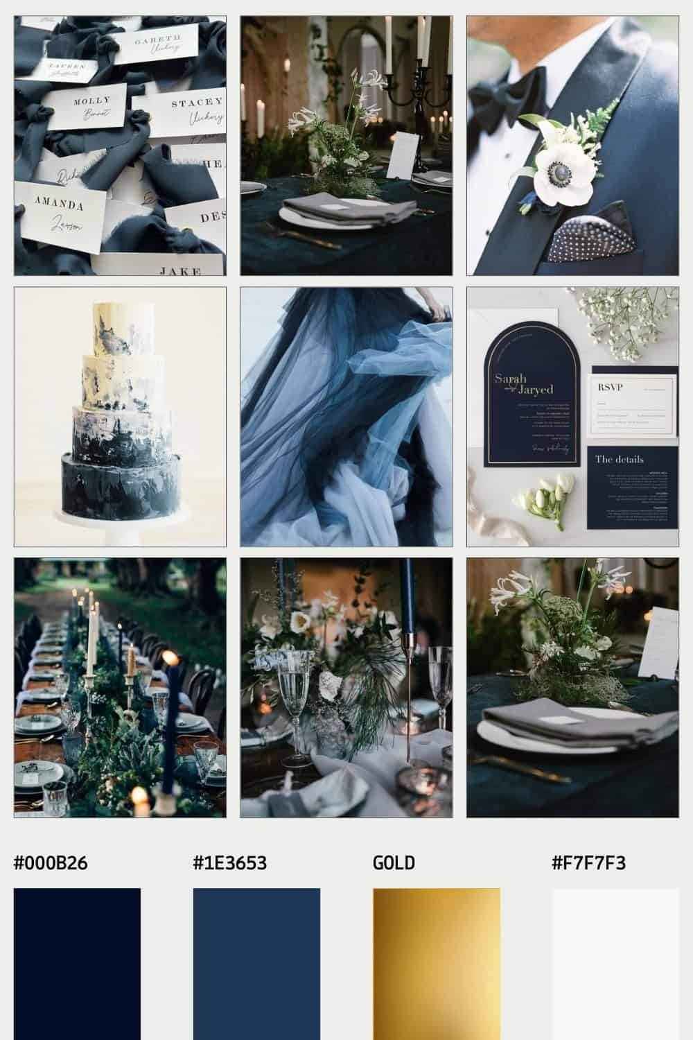 navy blue, white and gold wedding color palette 