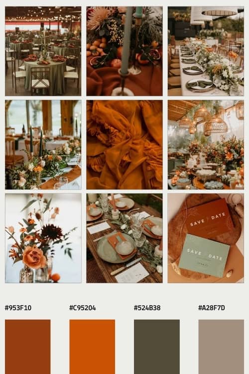 Burnt orange and sage green wedding color palette  