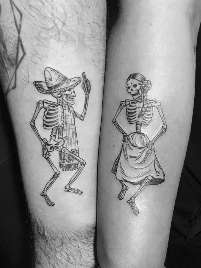 his and her skeleton couple tattoos