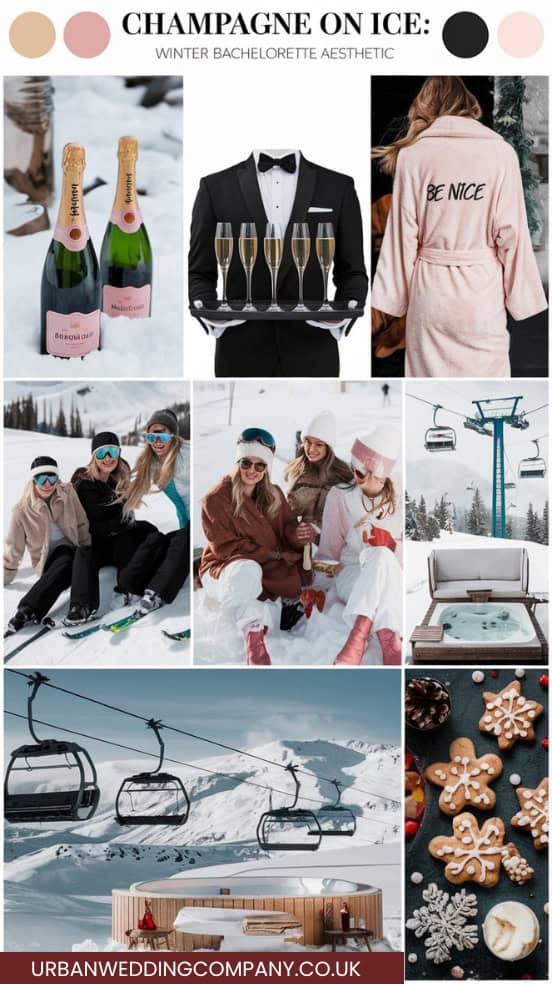 mood board with different elements to create a champagne on ice hen do 