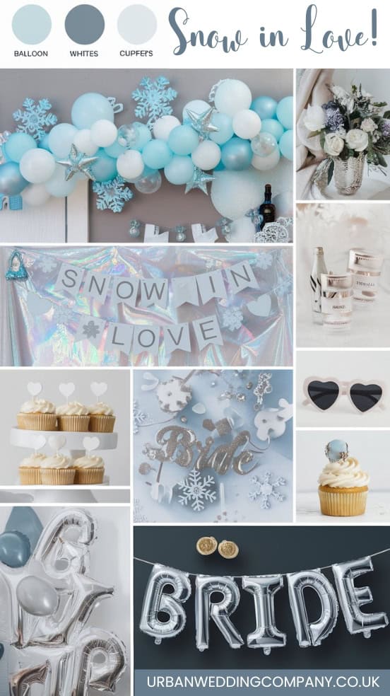 mood board with different elements to create a snow in love bachelorette 