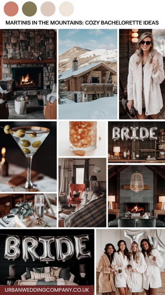 mood board with different elements to create a martinis in the mountains party