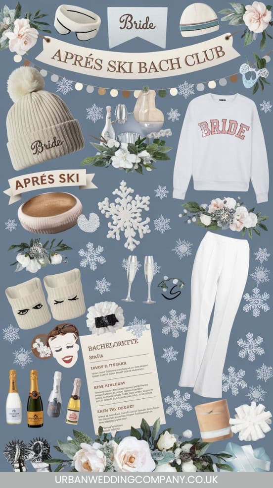 mood board with different elements to create an après ski bachelorette