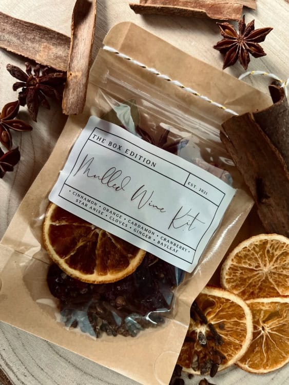 mulled wine spices in a bag with personalised wedding details 