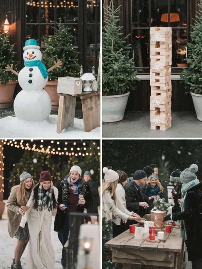 4 images in a frame with winter wedding games - snowman ring toss, jenga, hot coco pong