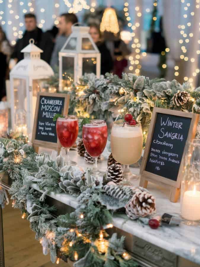 a cocktail bar set up at a wedding reception, 3 drinks and 2 signs and wedding guests in background 