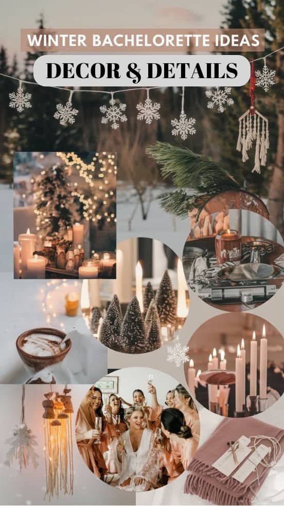 mood board showing decor ideas for a winter bachelorette party