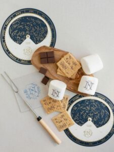 s'more gift all with matching wedding monogram on - crackers, marshmallows and chocolate