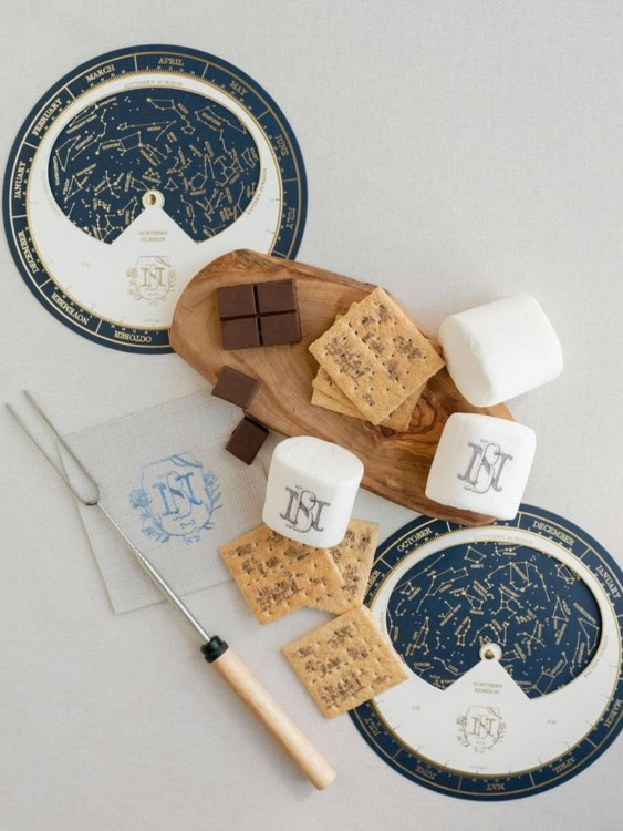 s'more gift all with matching wedding monogram on - crackers, marshmallows and chocolate 