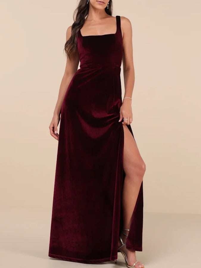 guest in red velvet square neckline maxi dress