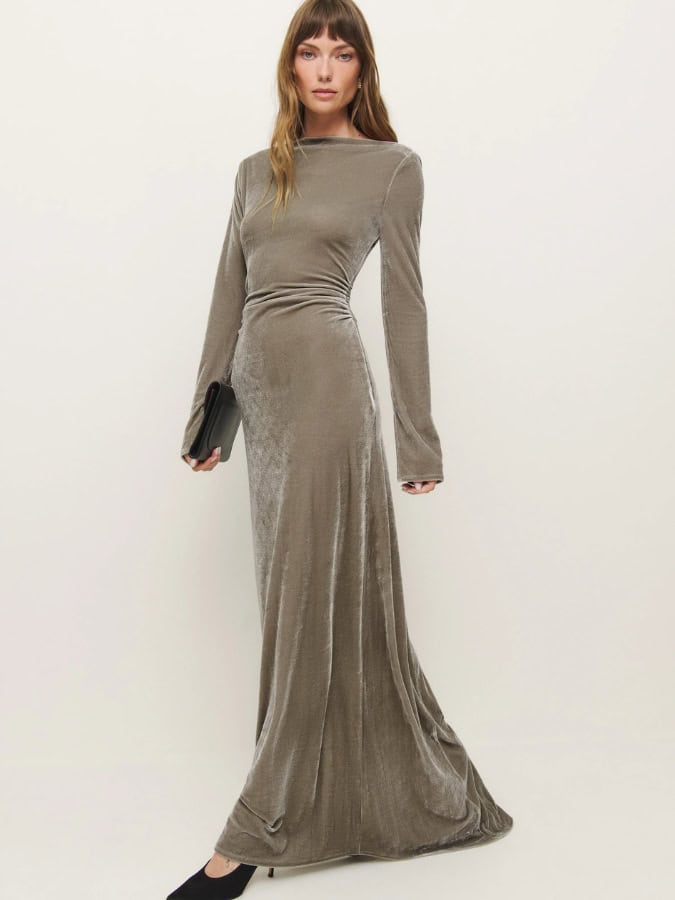 light velvet long sleeve high neck maxi dress