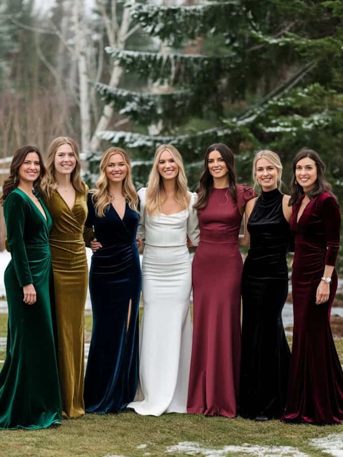 6 female guest all wearing different winter dresses stood with bride outside