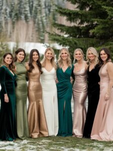 winter wedding guest all posing in different winter dresses