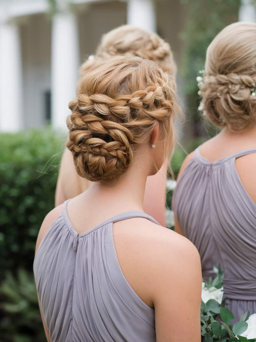 A group of bridesmaids with artistic fishtail braid updos in a garden setting.