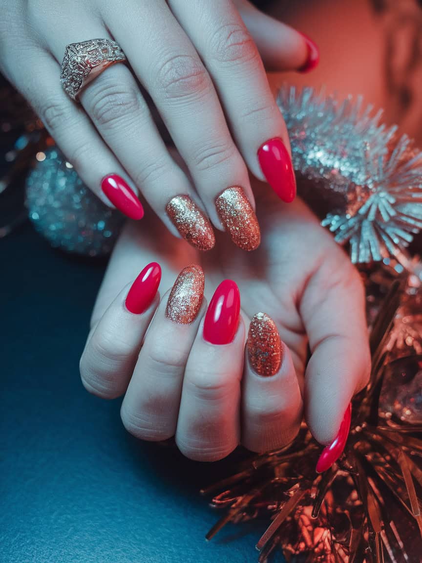 A close-up of hands with bold red and gold glitter nails, showcasing a festive and glamorous design.