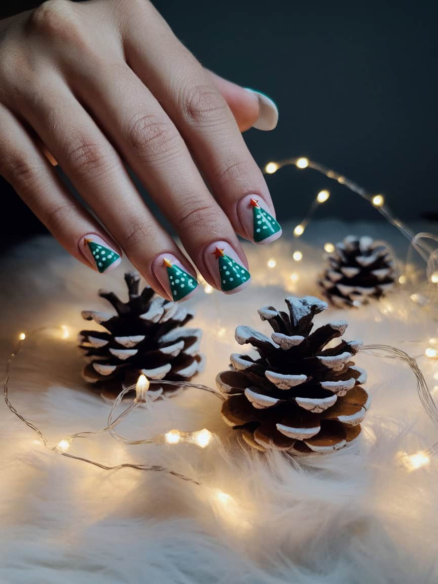 Nail art featuring Christmas tree designs on a hand with pinecones and fairy lights in the background.