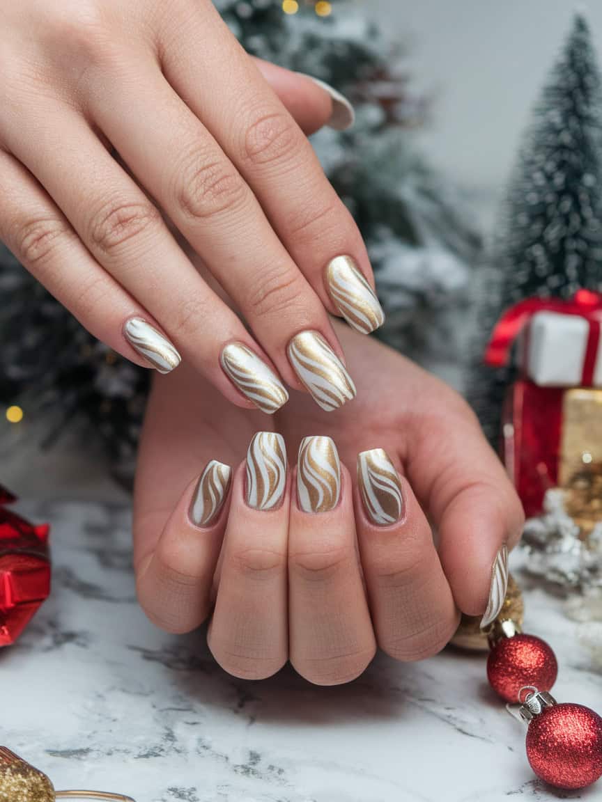 Nails decorated with metallic gold and white swirls, set against a festive background