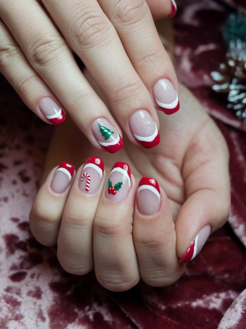 Close-up of hands with classic French tip nails decorated with holiday designs like Christmas trees and candy canes.