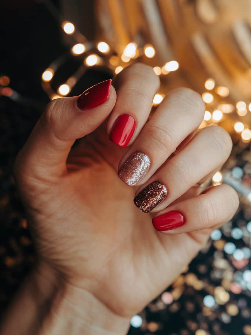 A hand with classic red nails and glittering accent nails.