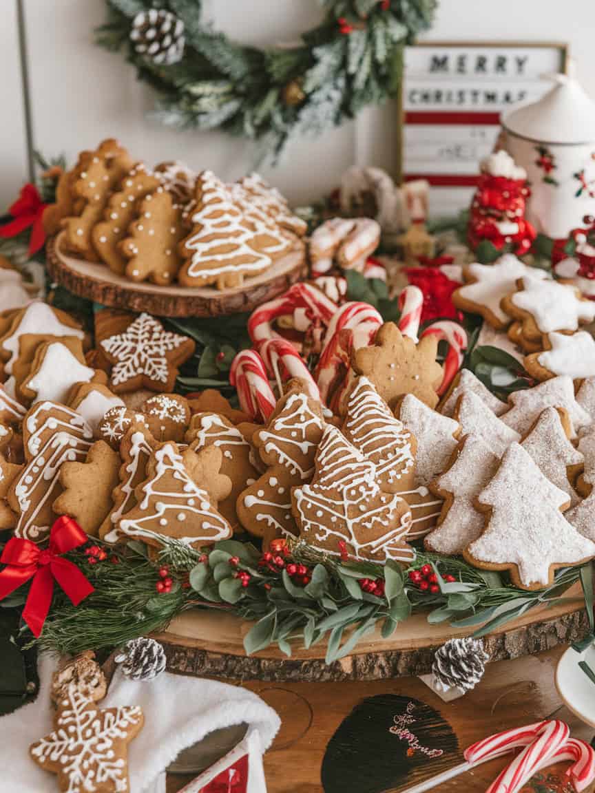 A variety of holiday-themed cookies on a wooden platter, decorated with icing and surrounded by festive decor.