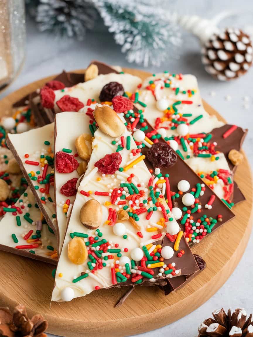 Colorful festive chocolate bark with sprinkles, nuts, and dried fruits, displayed on a wooden board.