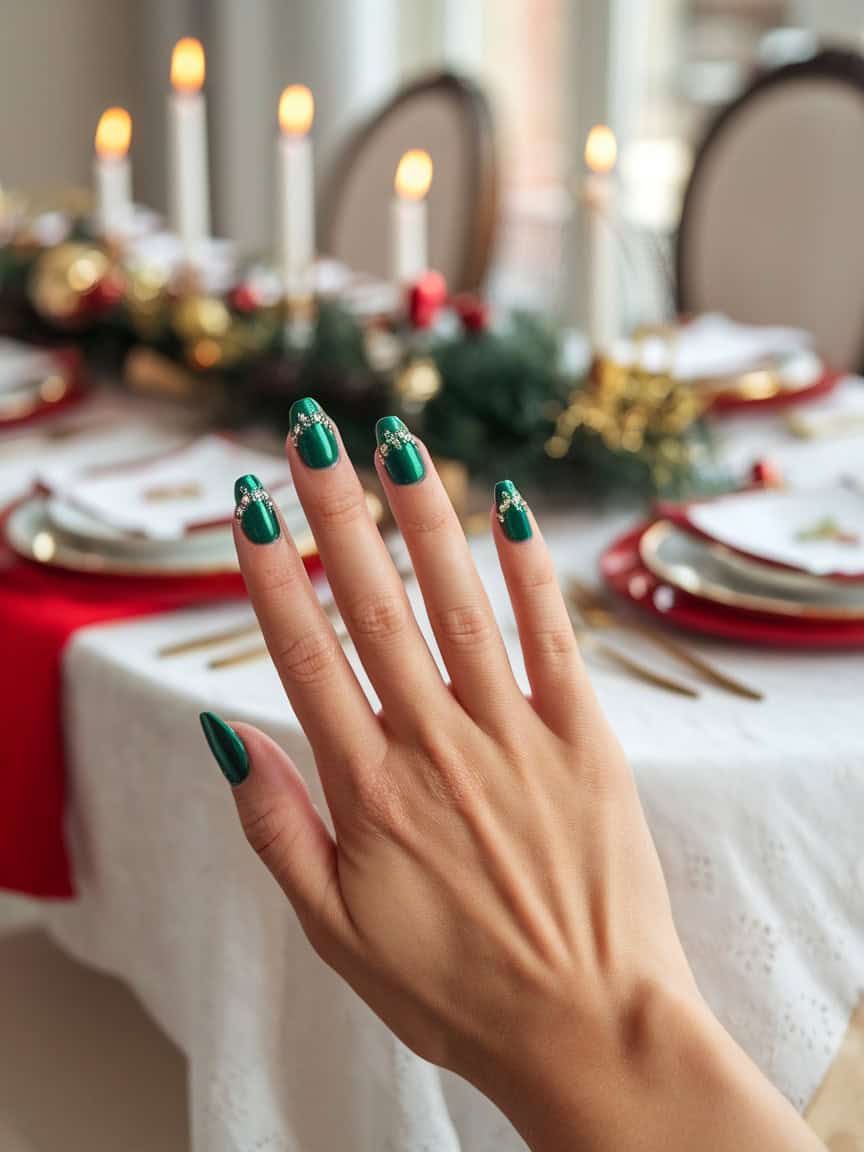 A hand with emerald green accent nails adorned with sparkling designs, set against a festive dining table with candles and decorations.