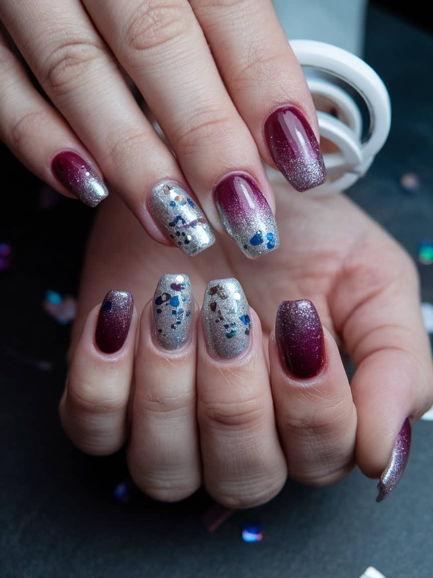 Close-up of hands showing glittery gradient nails in shades of burgundy and silver.