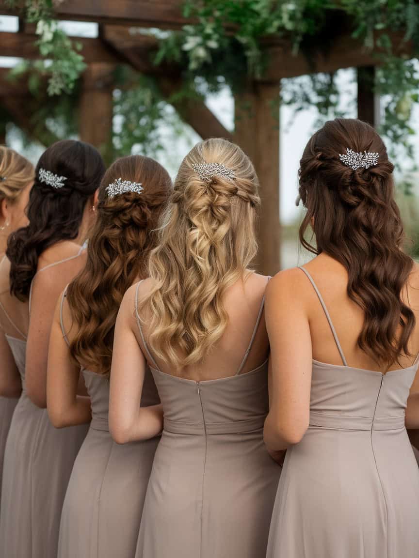 Bridesmaids with half-up hairstyles and curls, standing together