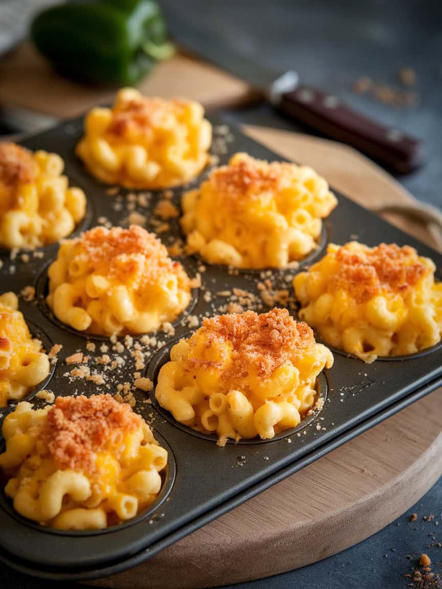 Delicious baked mac and cheese bites in a muffin tin, topped with breadcrumbs.