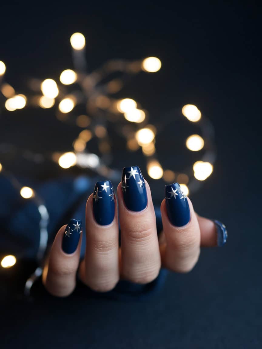 Nails painted midnight blue with silver star designs against a dark background with twinkling lights.