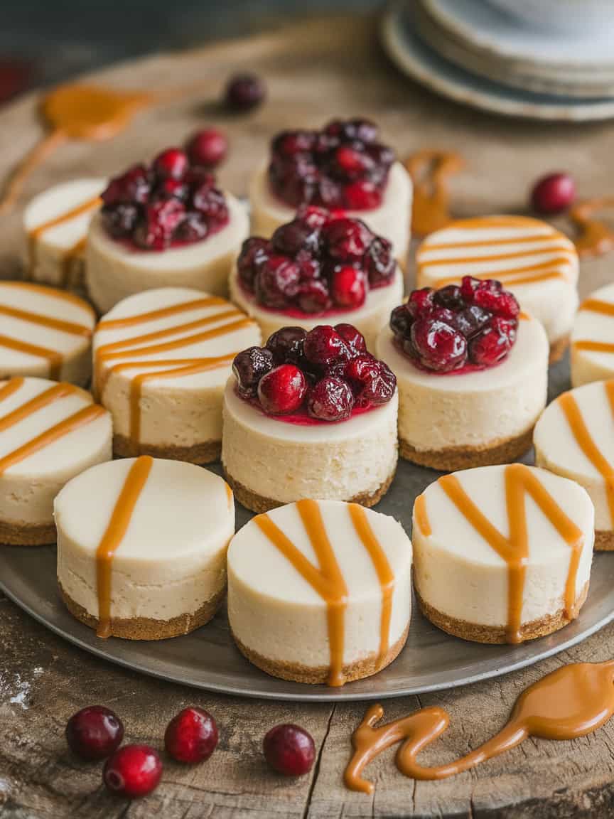 A platter of mini cheesecakes topped with cranberry compote and caramel drizzle, with cranberries scattered around.