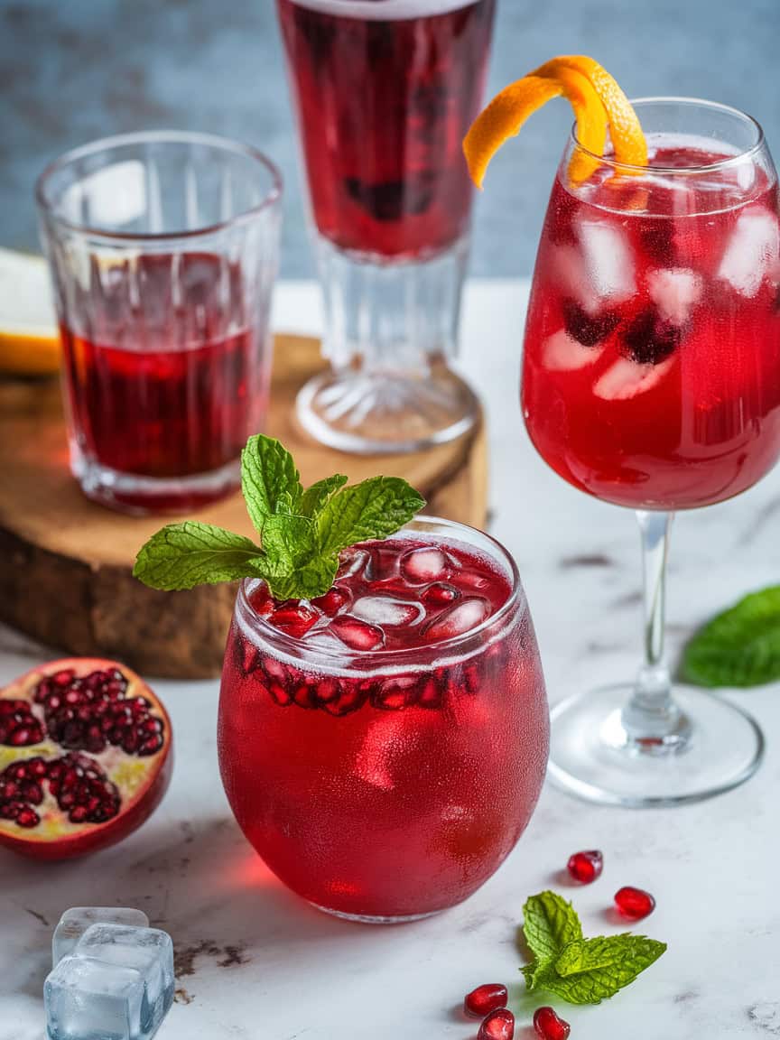 Vibrant mocktails including cranberry spritzers and pomegranate punch with fresh garnishes