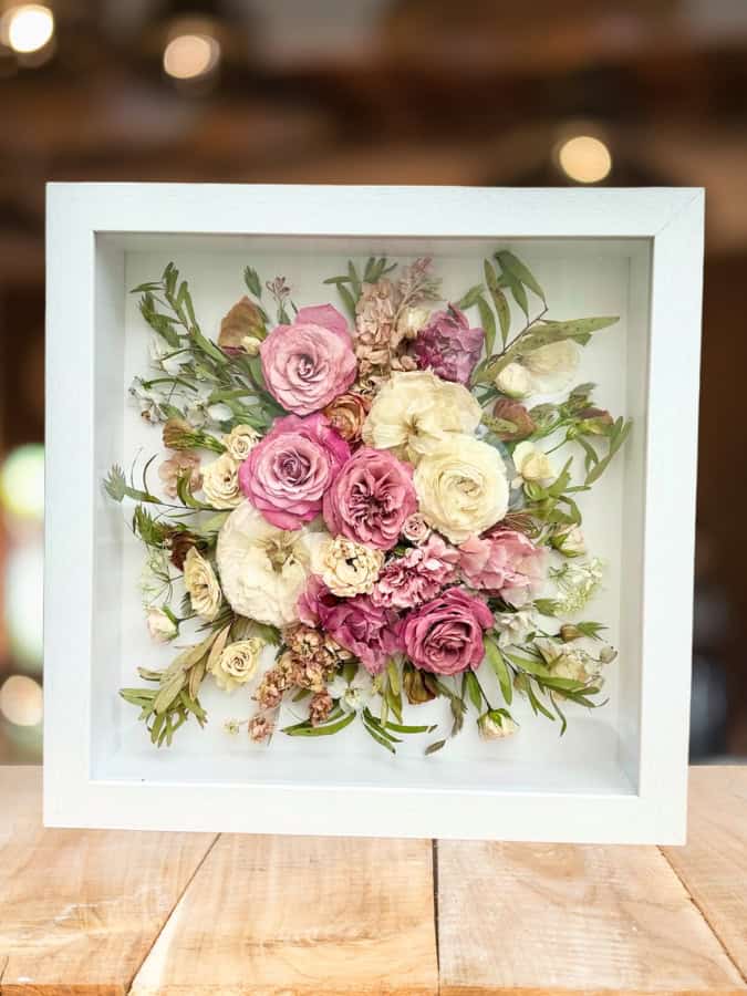 preserved wedding bouquet in a 3D shadow box