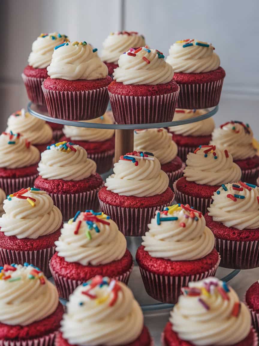 A tiered stand filled with red velvet cupcakes topped with cream cheese frosting and colorful sprinkles.