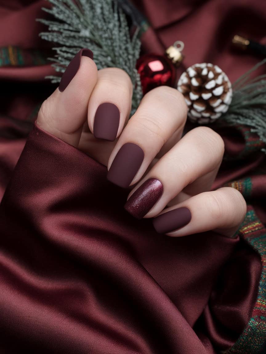 Close-up of a hand with burgundy matte nails, decorated with holiday-themed elements.