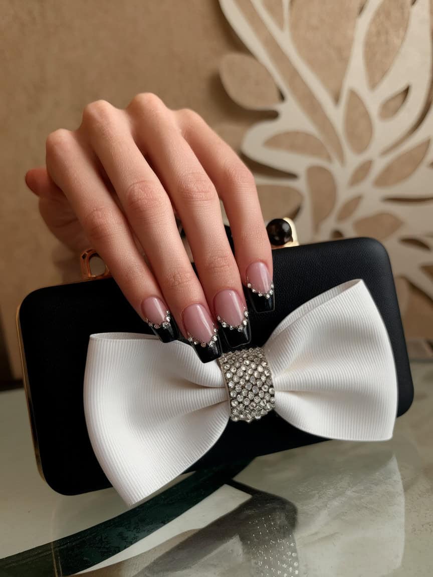 A hand with sparkling black and white French tip nails holding a black clutch with a white bow.