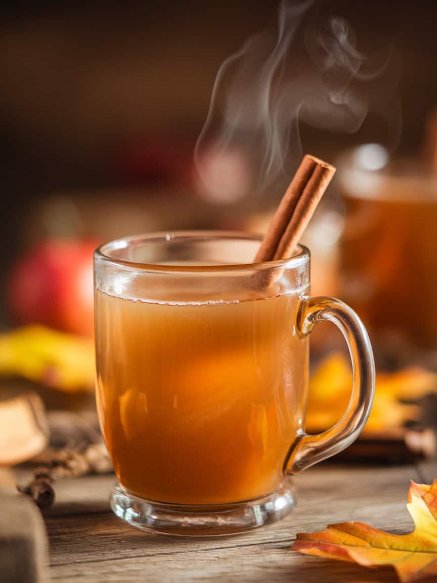 A steaming glass of spiced apple cider with a cinnamon stick, surrounded by autumn leaves.