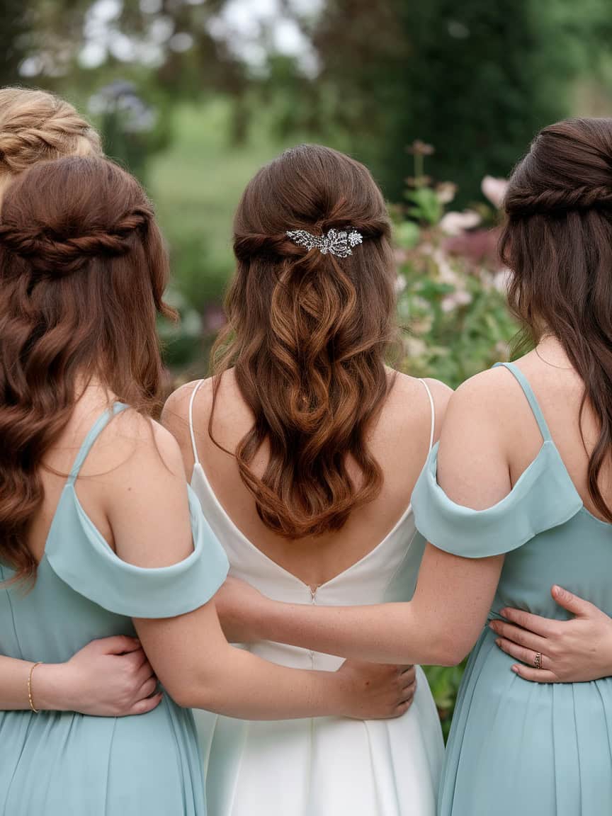 A group of bridesmaids showing off vintage half up waves in their hairstyles.