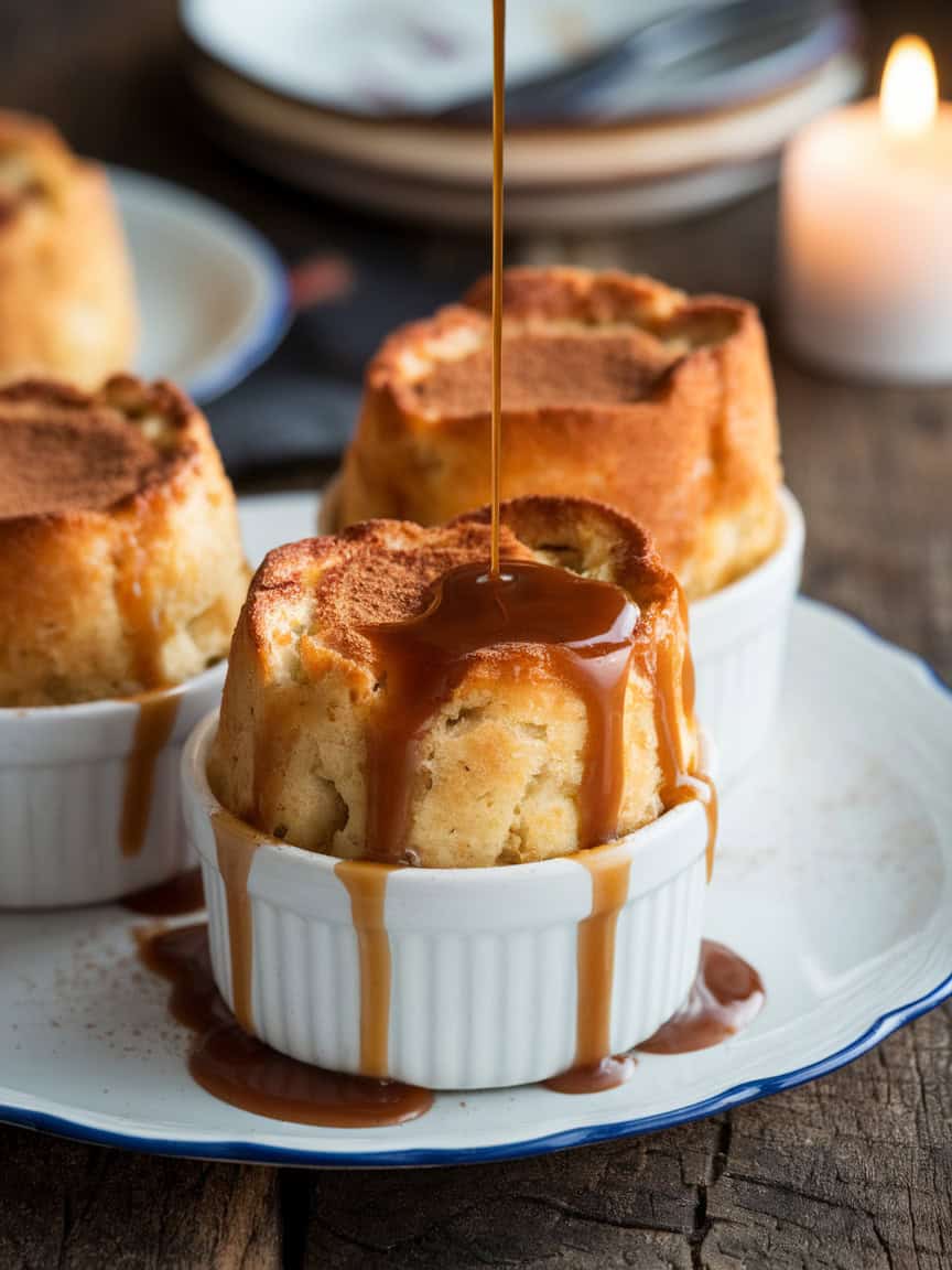 Warm bread pudding in ramekins with caramel sauce drizzling over the top