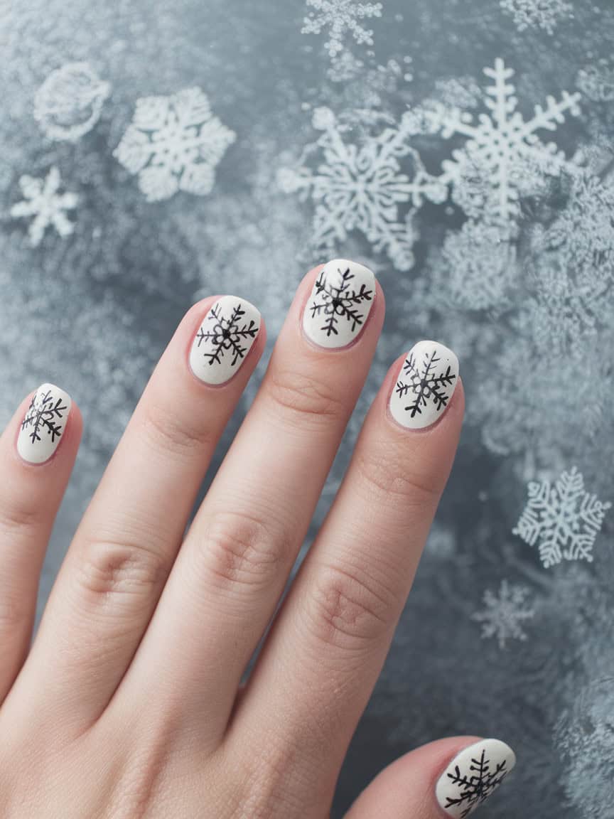 A hand with snowflake nail art on a snowy background